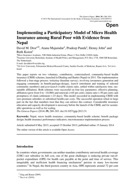 Implementing a Participatory Model of Micro Health Insurance Among Rural Poor with Evidence from Nepal David M