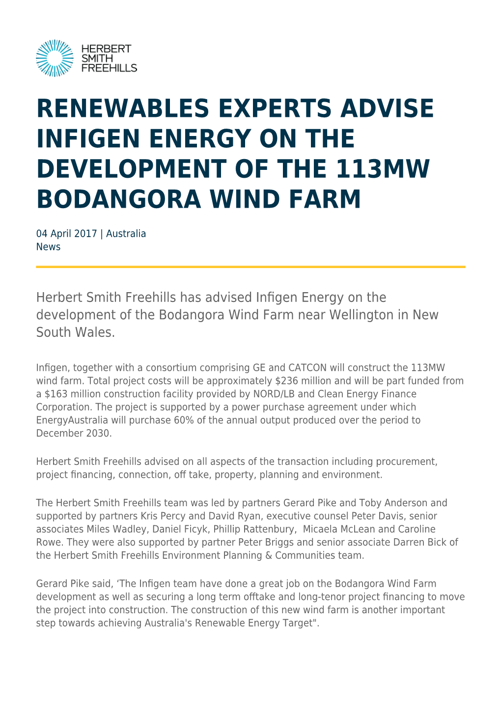 Renewables Experts Advise Infigen Energy on the Development of the 113Mw Bodangora Wind Farm