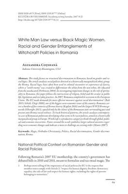 White Man Law Versus Black Magic Women. Racial and Gender Entanglements of Witchcraft Policies in Romania