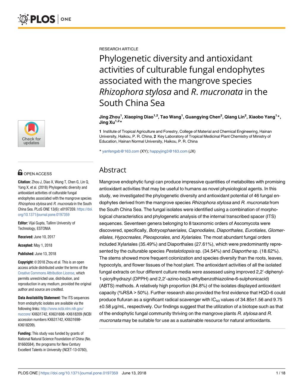 Phylogenetic Diversity and Antioxidant Activities of Culturable Fungal Endophytes Associated with the Mangrove Species Rhizophora Stylosa and R
