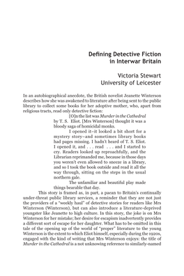 Defining Detective Fiction in Interwar Britain Victoria Stewart University Of