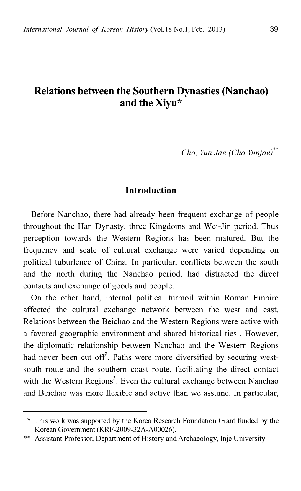 Relations Between the Southern Dynasties (Nanchao) and the Xiyu*