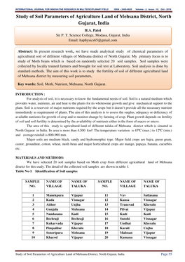 Study of Soil Parameters of Agriculture Land of Mehsana District, North Gujarat, India H.A