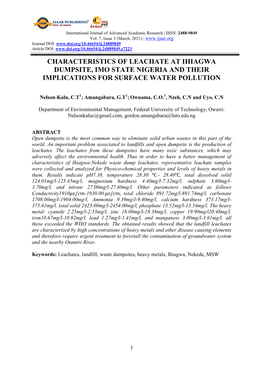 Characteristics of Leachate at Ihiagwa Dumpsite, Imo State Nigeria and Their Implications for Surface Water Pollution