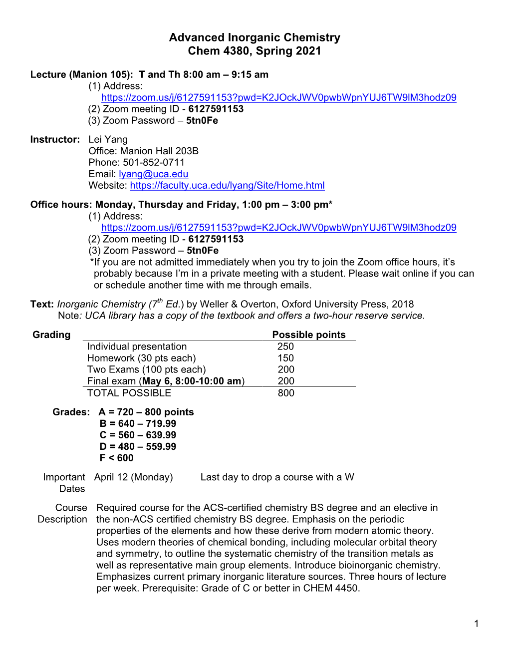 Advanced Inorganic Chemistry Chem 4380, Spring 2021