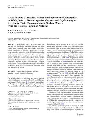 Acute Toxicity of Atrazine, Endosulfan Sulphate and Chlorpyrifos