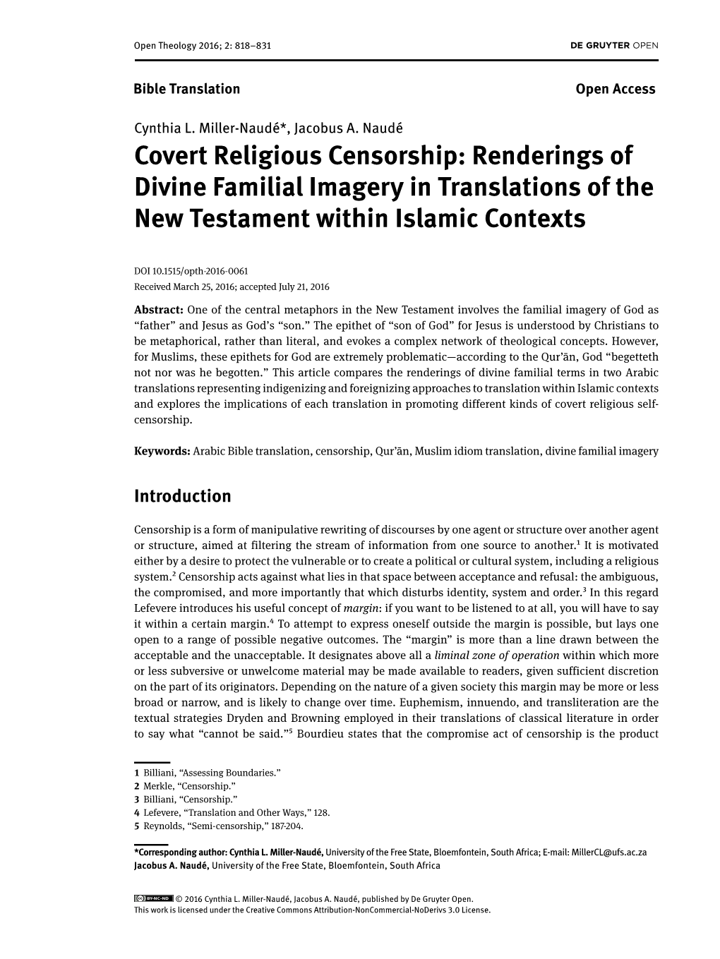 Covert Religious Censorship: Renderings of Divine Familial Imagery in Translations of the New Testament Within Islamic Contexts