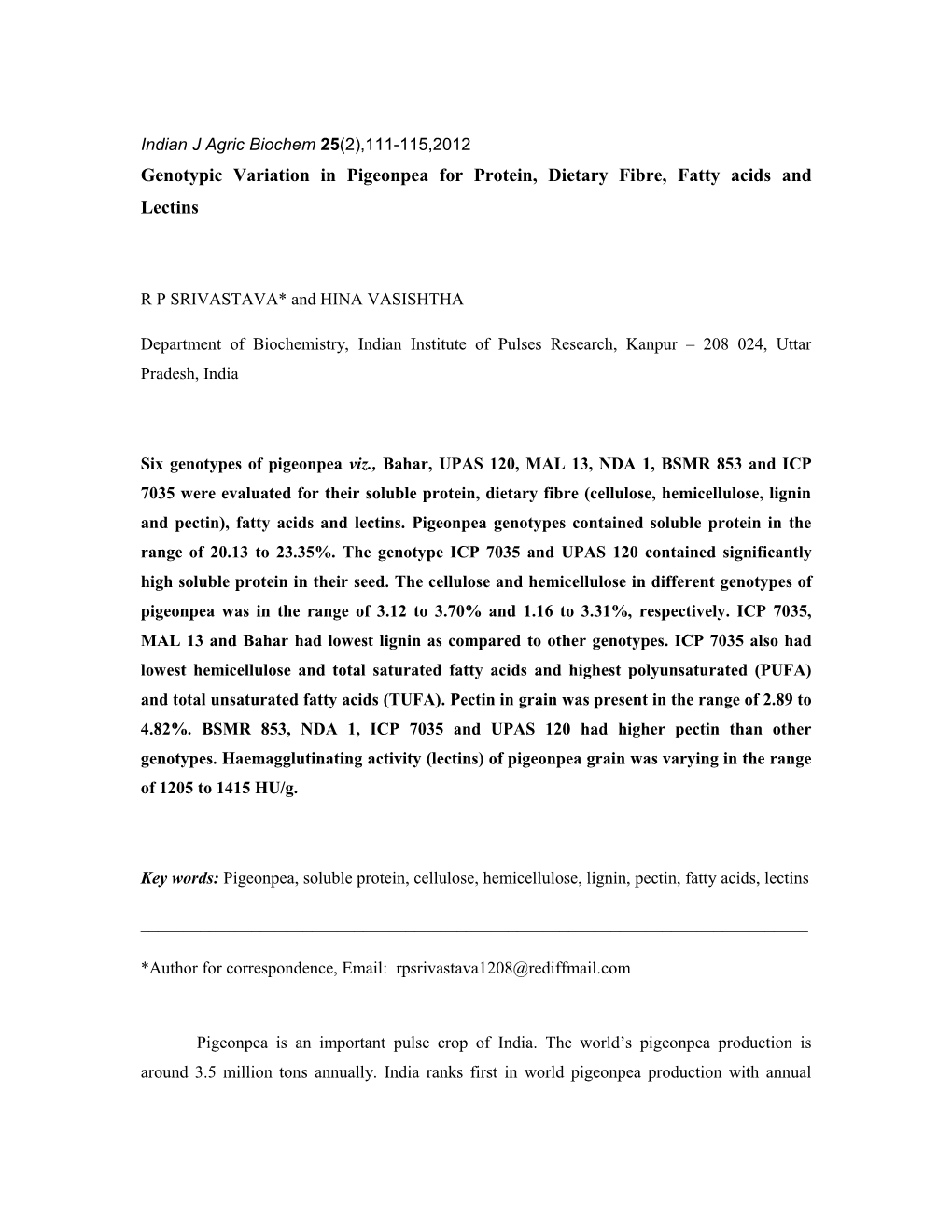 Genotypic Variation in Pigeonpea for Protein, Dietary Fibre and Lectins