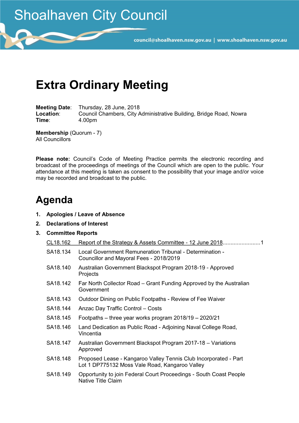 Agenda of Extra Ordinary Meeting