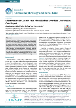 Effective Role of CVVH in Fatal Phenobarbital Overdose Clearance: a Case Report Chaudhry Adeel Ebad1*, Alan Gaffney2 and Peter J Conlon1
