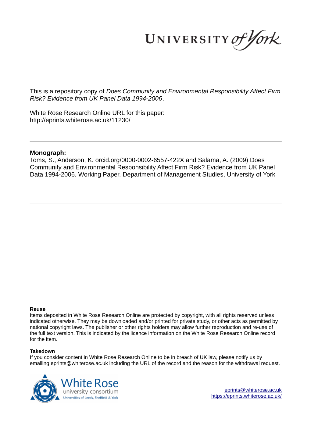 Does Community and Environmental Responsibility Affect Firm Risk? Evidence from UK Panel Data 1994-2006