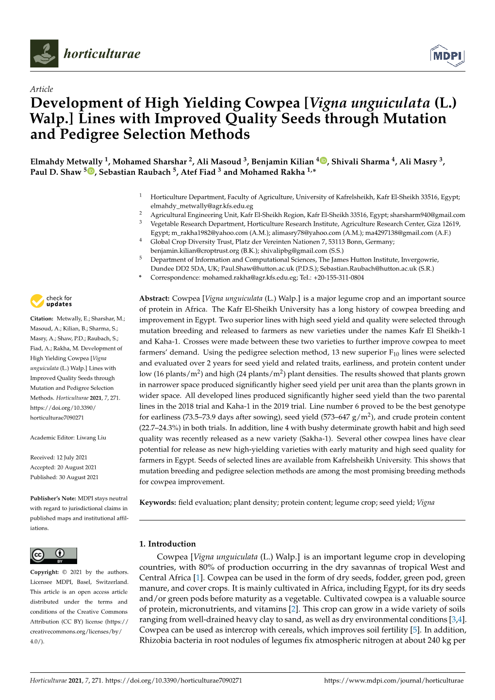 [Vigna Unguiculata (L.) Walp.] Lines with Improved Quality Seeds Through Mutation and Pedigree Selection Methods