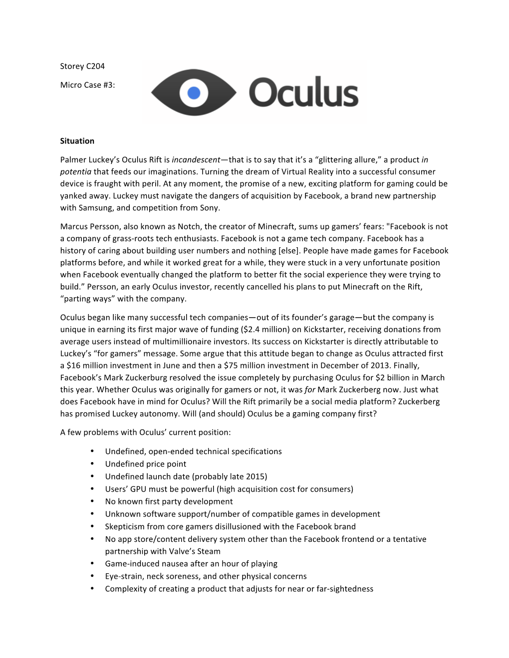 Storey C204 Micro Case #3: Situation Palmer Luckey's Oculus Rift Is