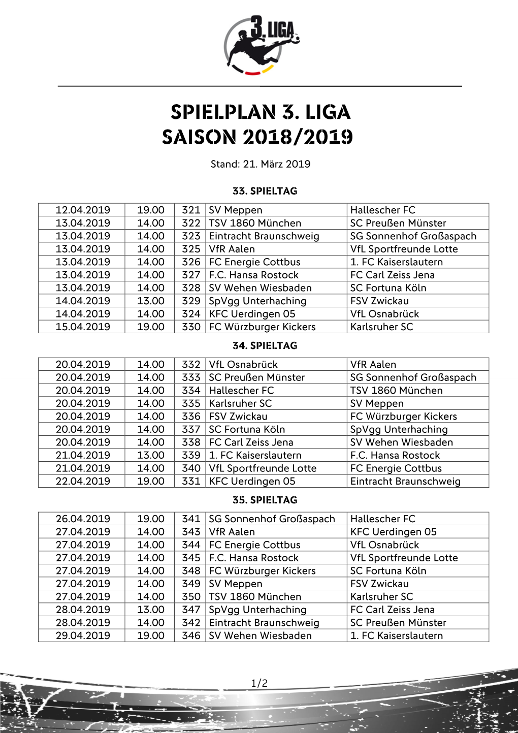 Spielplan 3. Liga 1819 Spieltage 33-38