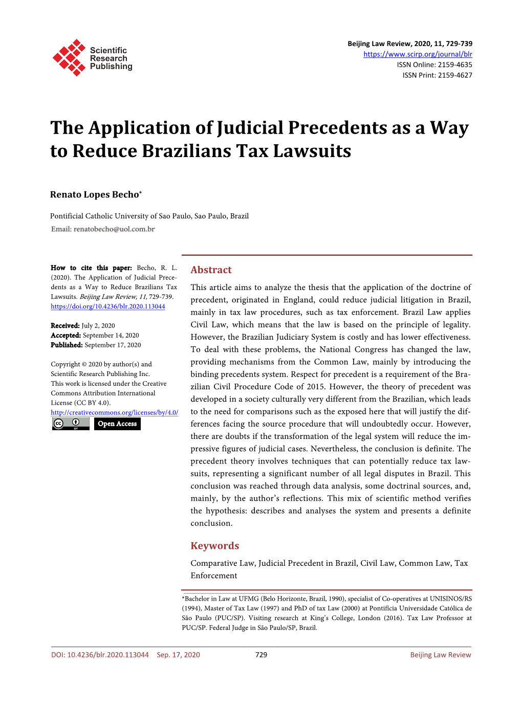 The Application of Judicial Precedents As a Way to Reduce Brazilians Tax Lawsuits