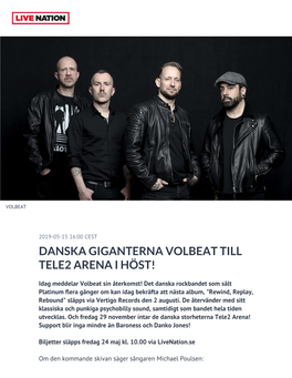 Danska Giganterna Volbeat Till Tele2 Arena I Höst!