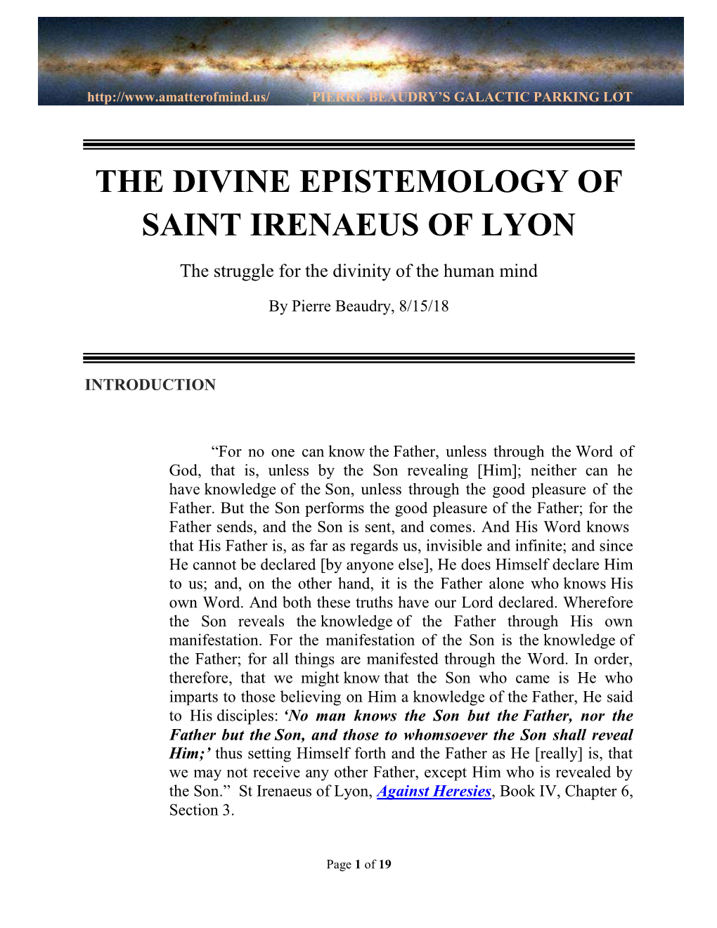 The Divine Epistemology of Saint Irenaeus of Lyon