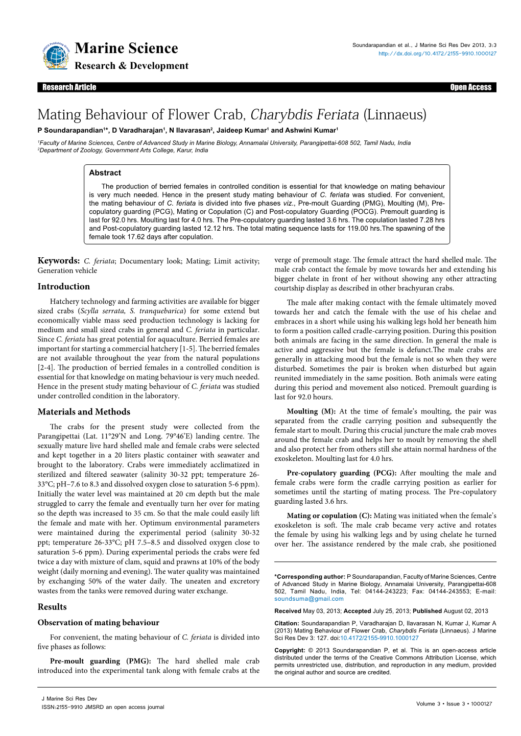 Mating Behaviour of Flower Crab, Charybdis Feriata (Linnaeus)