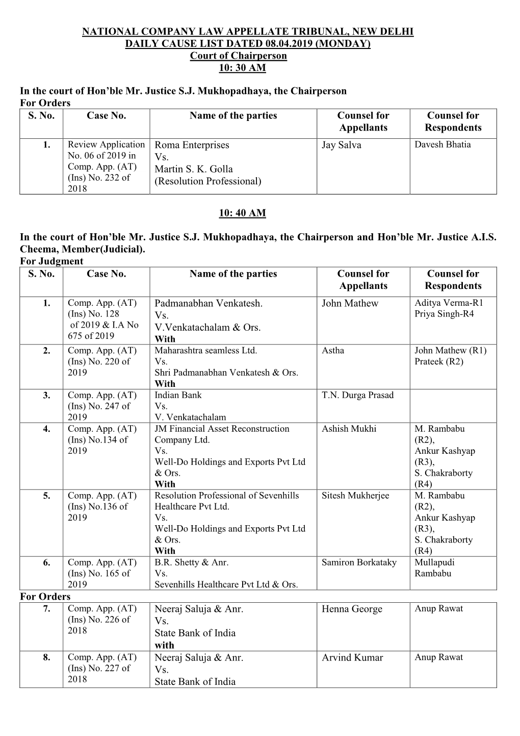 (MONDAY) Court of Chairperson 10: 30 AM