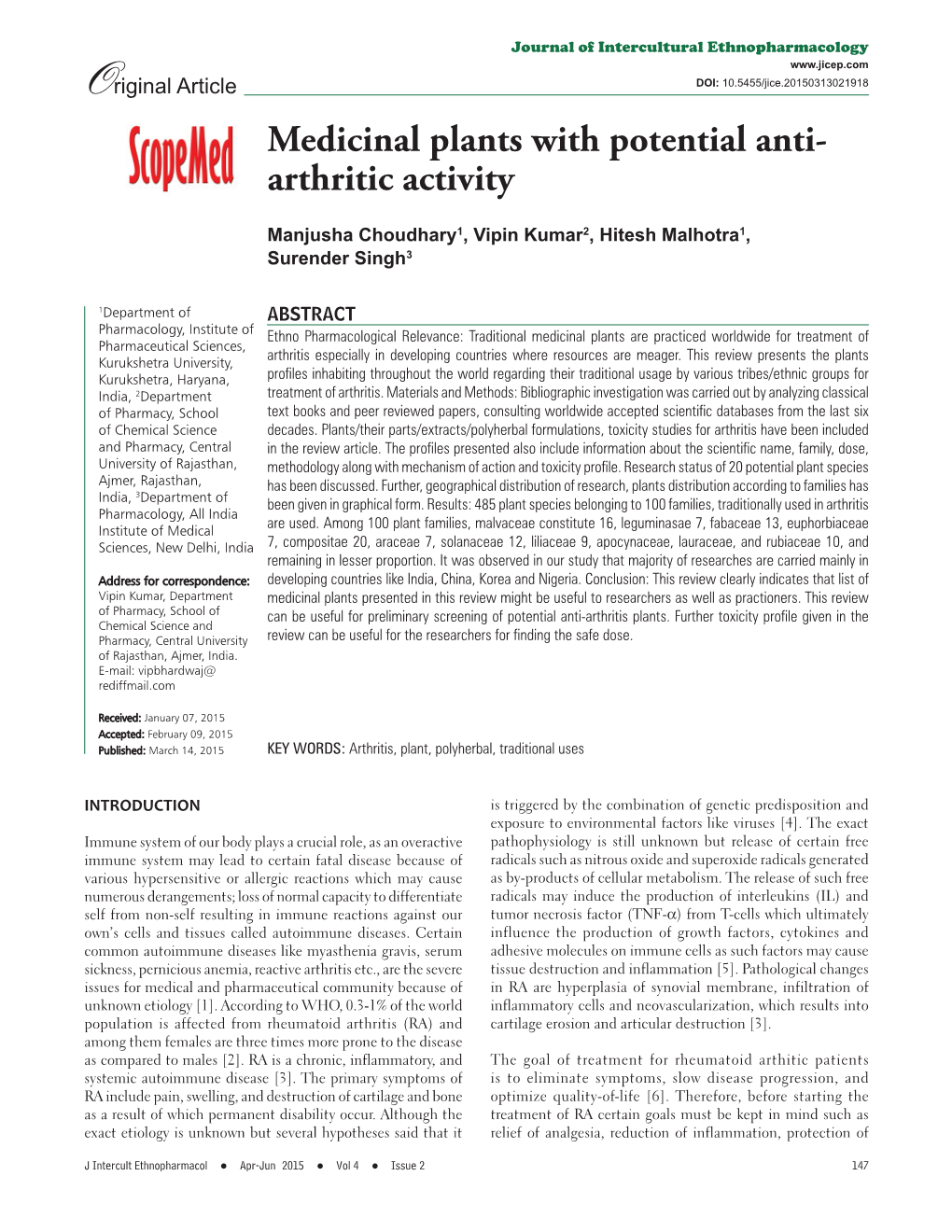 Medicinal Plants with Potential Anti- Arthritic Activity