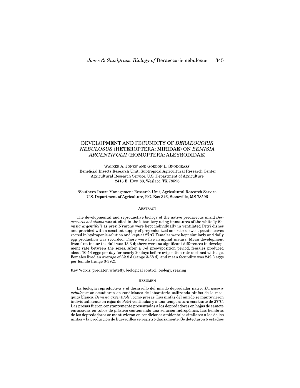 Jones & Snodgrass: Biology of Deraeocoris Nebulosus 345