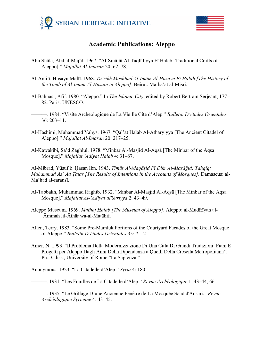 Academic Publications: Aleppo