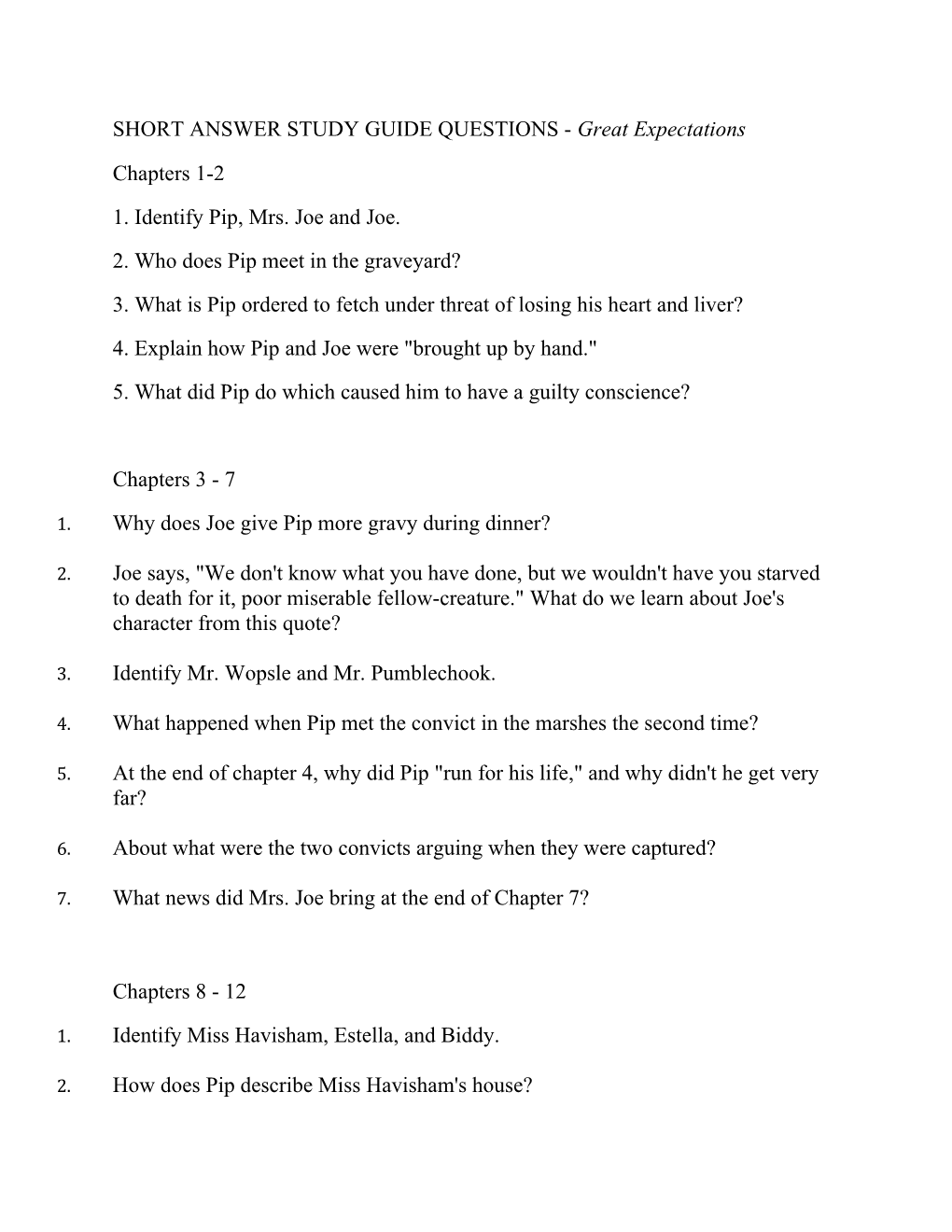 SHORT ANSWER STUDY GUIDE QUESTIONS - Great Expectations s1