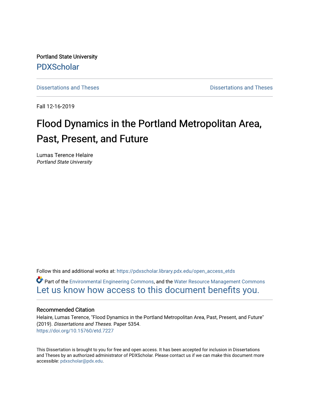 Flood Dynamics in the Portland Metropolitan Area, Past, Present, and Future