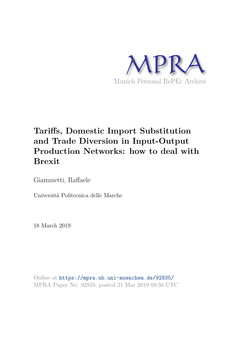 Tariffs, Domestic Import Substitution and Trade Diversion in Input-Output Production Networks: How to Deal with Brexit