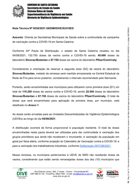 Orienta As Secretarias Municipais De Saúde Sobre a Continuidade Da Campanha De Vacinação Contra a COVID-19 Em Santa Catarina