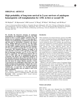 High Probability of Long-Term Survival in 2-Year Survivors of Autologous Hematopoietic Cell Transplantation for AML in ﬁrst Or Second CR