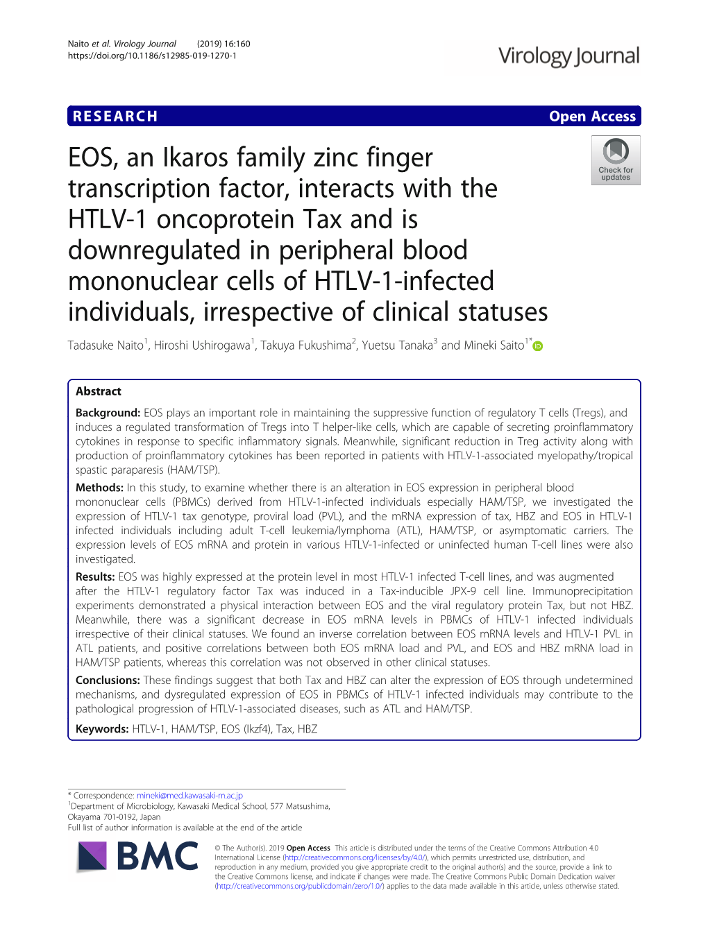 EOS, an Ikaros Family Zinc Finger Transcription Factor, Interacts with the HTLV-1 Oncoprotein Tax and Is Downregulated in Periph