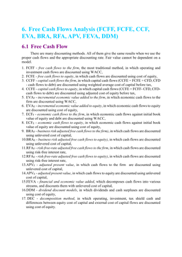 6. Free Cash Flows Analysis (FCFF, FCFE, CCF, EVA, BRA, RFA, APV, FEVA, DDM) 6.1 Free Cash Flow There Are Many Discounting Methods