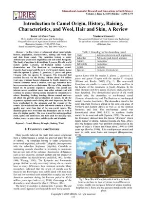 Introduction to Camel Origin, History, Raising, Characteristics, and Wool, Hair and Skin, a Review