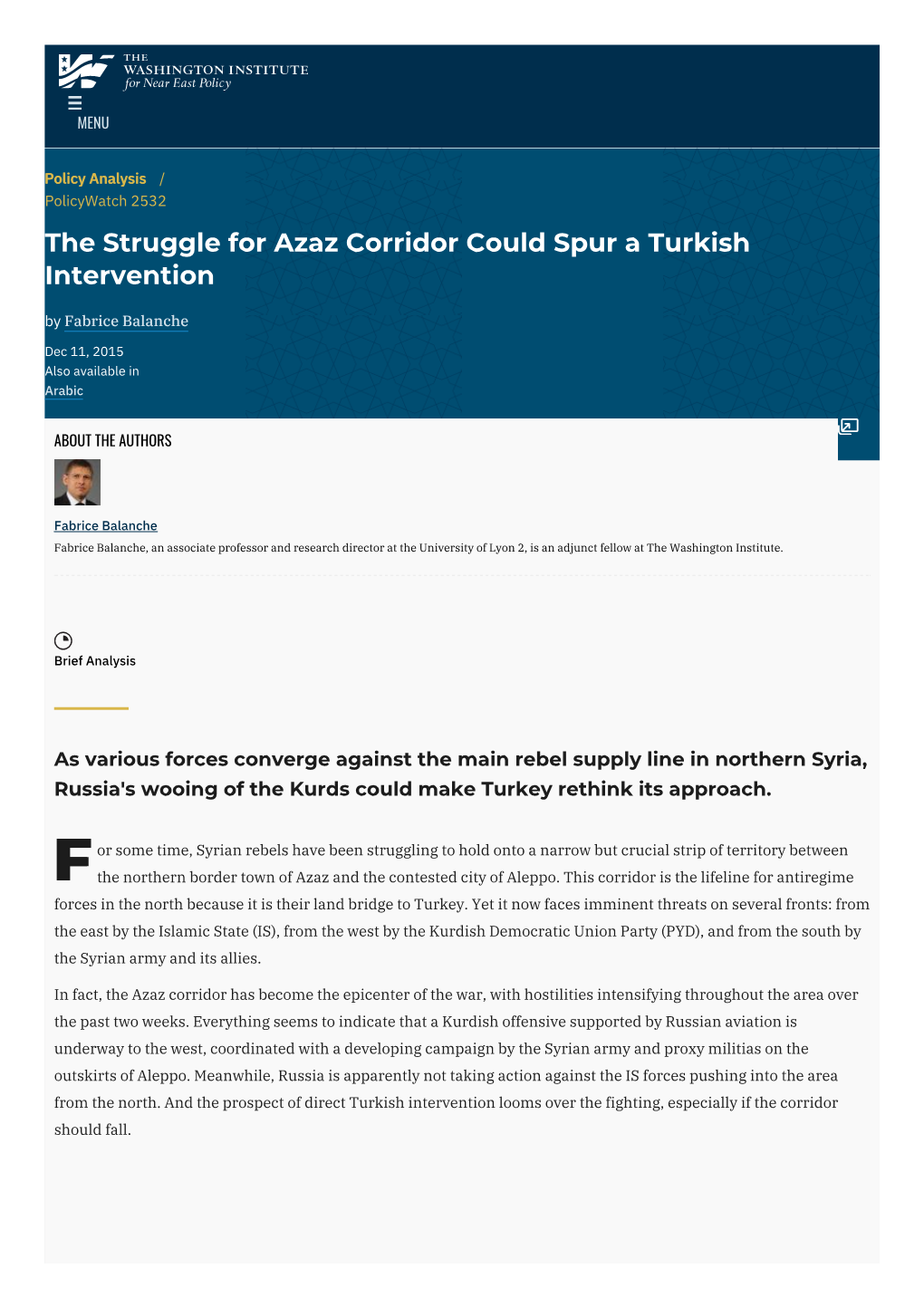 The Struggle for Azaz Corridor Could Spur a Turkish Intervention by Fabrice Balanche