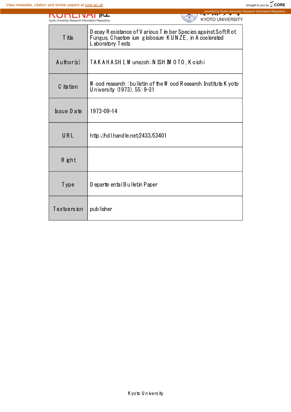 Title Decay Resistance of Various Timber Species Against Soft Rot Fungus, Chaetomium Globosum KUNZE, in Accelerated Laboratory T