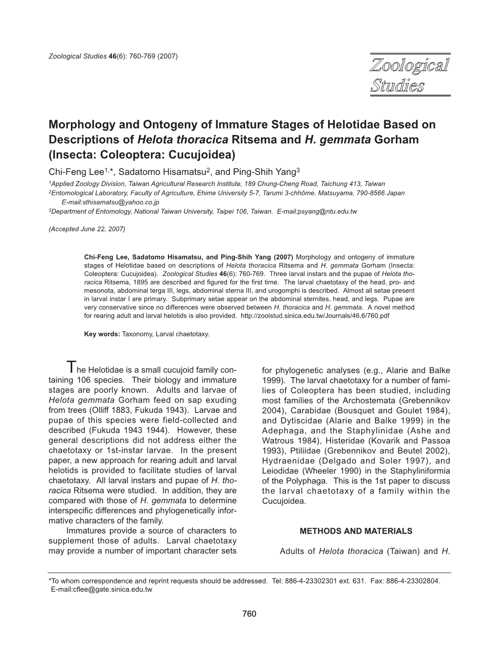 Morphology and Ontogeny of Immature Stages of Helotidae Based on Descriptions of Helota Thoracica Ritsema and H