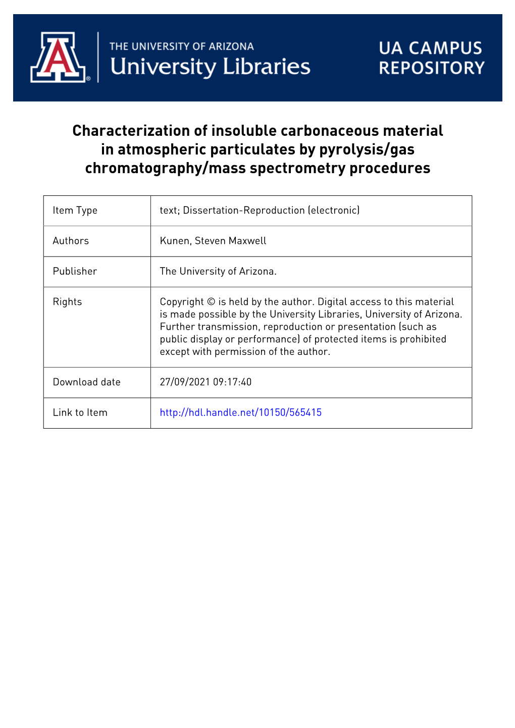 Characterization of Insoluble Carbonaceous Material in Atmospheric Particulates by Pyrolysis/Gas Chromatography/Mass Spectrometry Procedures