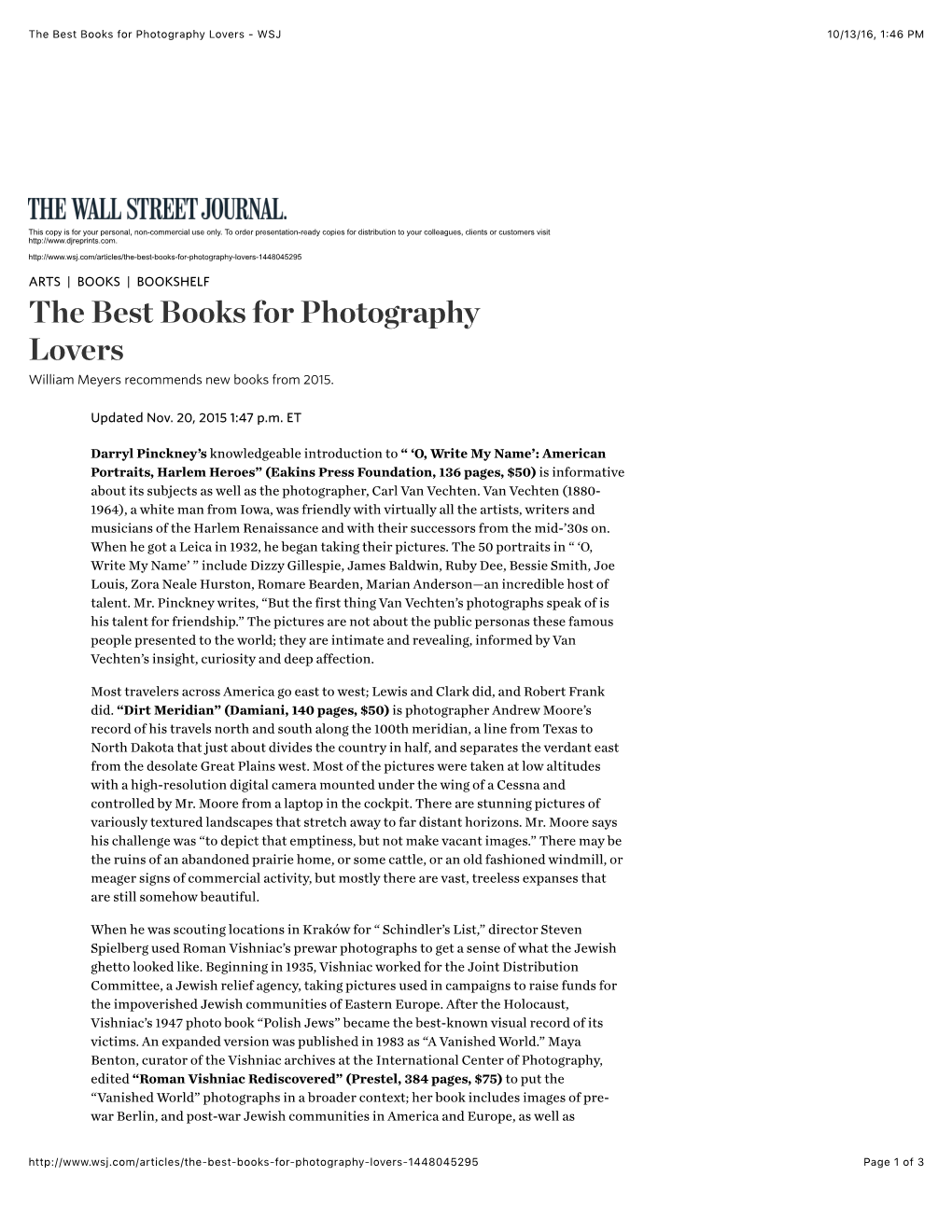 The Best Books for Photography Lovers - WSJ 10/13/16, 1:46 PM