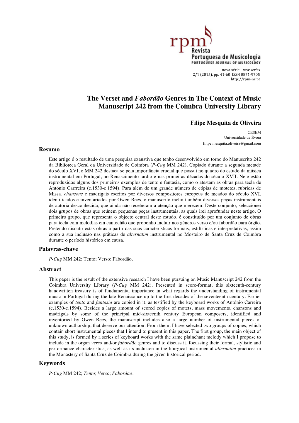 The Verset and Fabordão Genres in the Context of Music Manuscript 242 from the Coimbra University Library