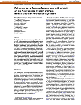 Evidence for a Protein-Protein Interaction Motif on an Acyl Carrier Protein Domain from a Modular Polyketide Synthase