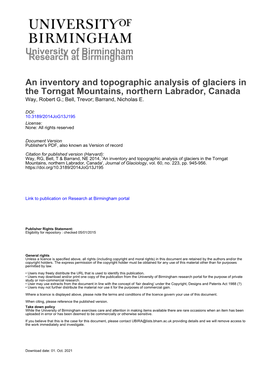 An Inventory and Topographic Analysis of Glaciers in the Torngat Mountains, Northern Labrador, Canada Way, Robert G.; Bell, Trevor; Barrand, Nicholas E