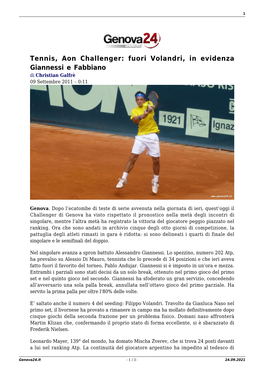 Tennis, Aon Challenger: Fuori Volandri, in Evidenza Giannessi E Fabbiano Di Christian Galfrè 09 Settembre 2011 – 0:11