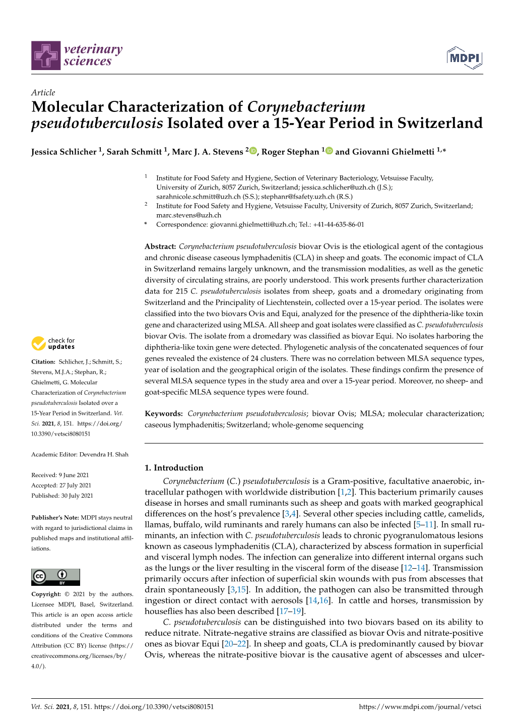 Molecular Characterization of Corynebacterium Pseudotuberculosis Isolated Over a 15-Year Period in Switzerland