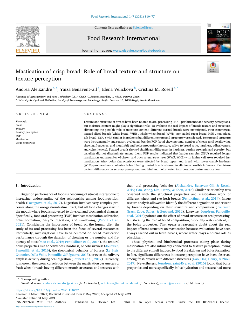 Mastication of Crisp Bread: Role of Bread Texture and Structure on Texture Perception