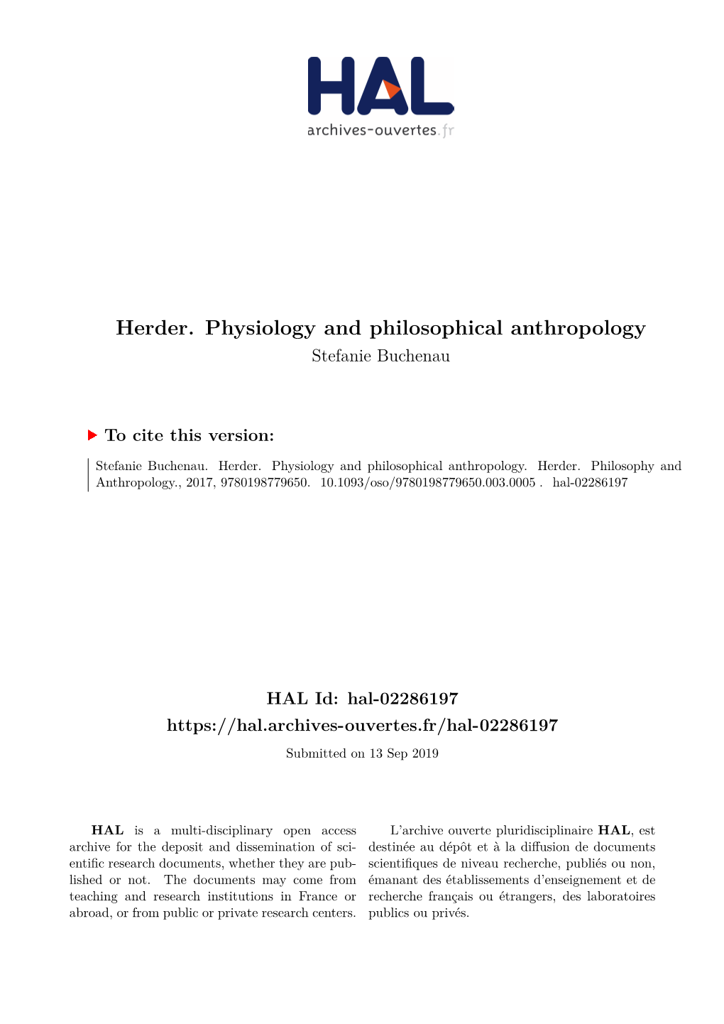 Herder. Physiology and Philosophical Anthropology Stefanie Buchenau