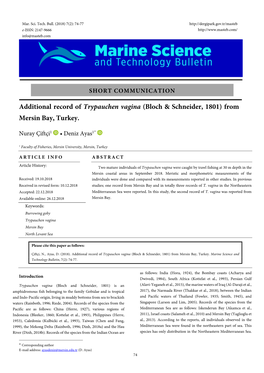 Additional Record of Trypauchen Vagina (Bloch & Schneider, 1801) from Mersin Bay, Turkey