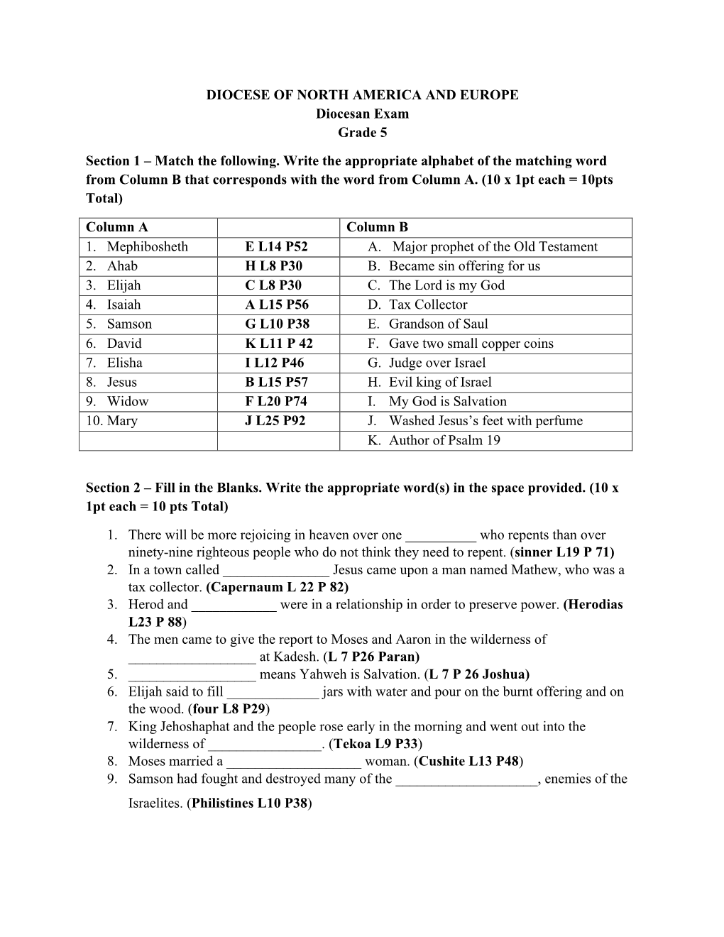 DIOCESE of NORTH AMERICA and EUROPE Diocesan Exam Grade 5 Section 1 – Match the Following