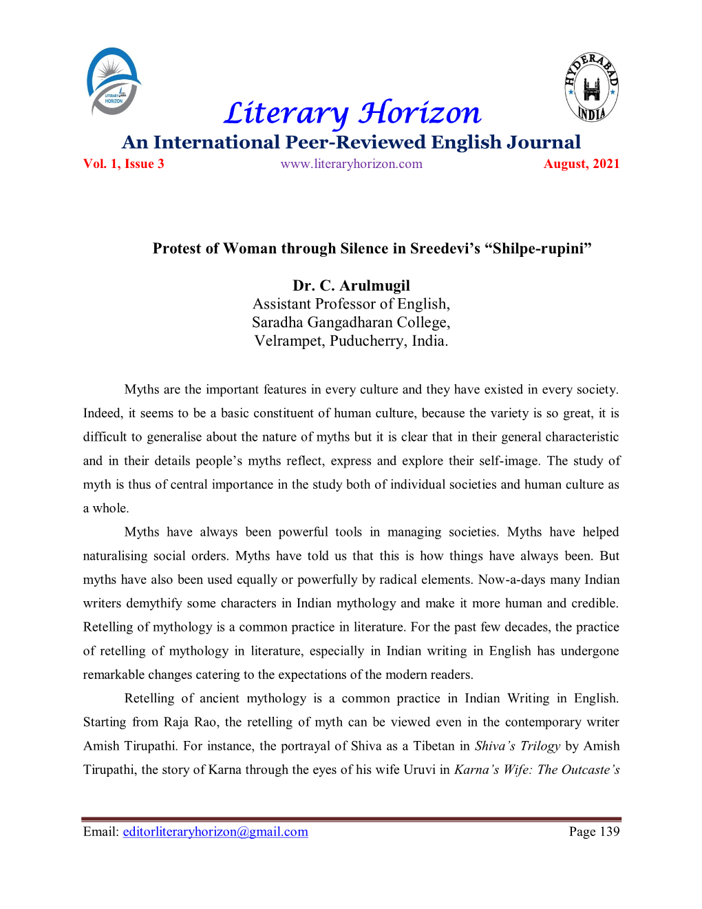 Literary Horizon an International Peer-Reviewed English Journal Vol