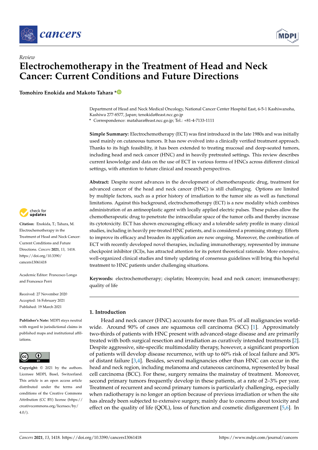 Electrochemotherapy in the Treatment of Head and Neck Cancer: Current Conditions and Future Directions